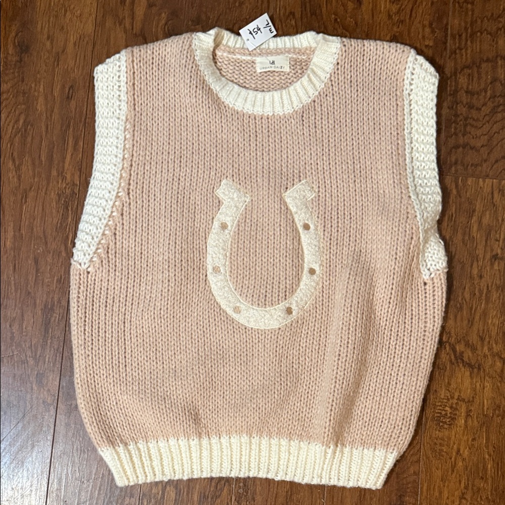 Blush Knit Sleeveless Sweater Vest with Cream Trim